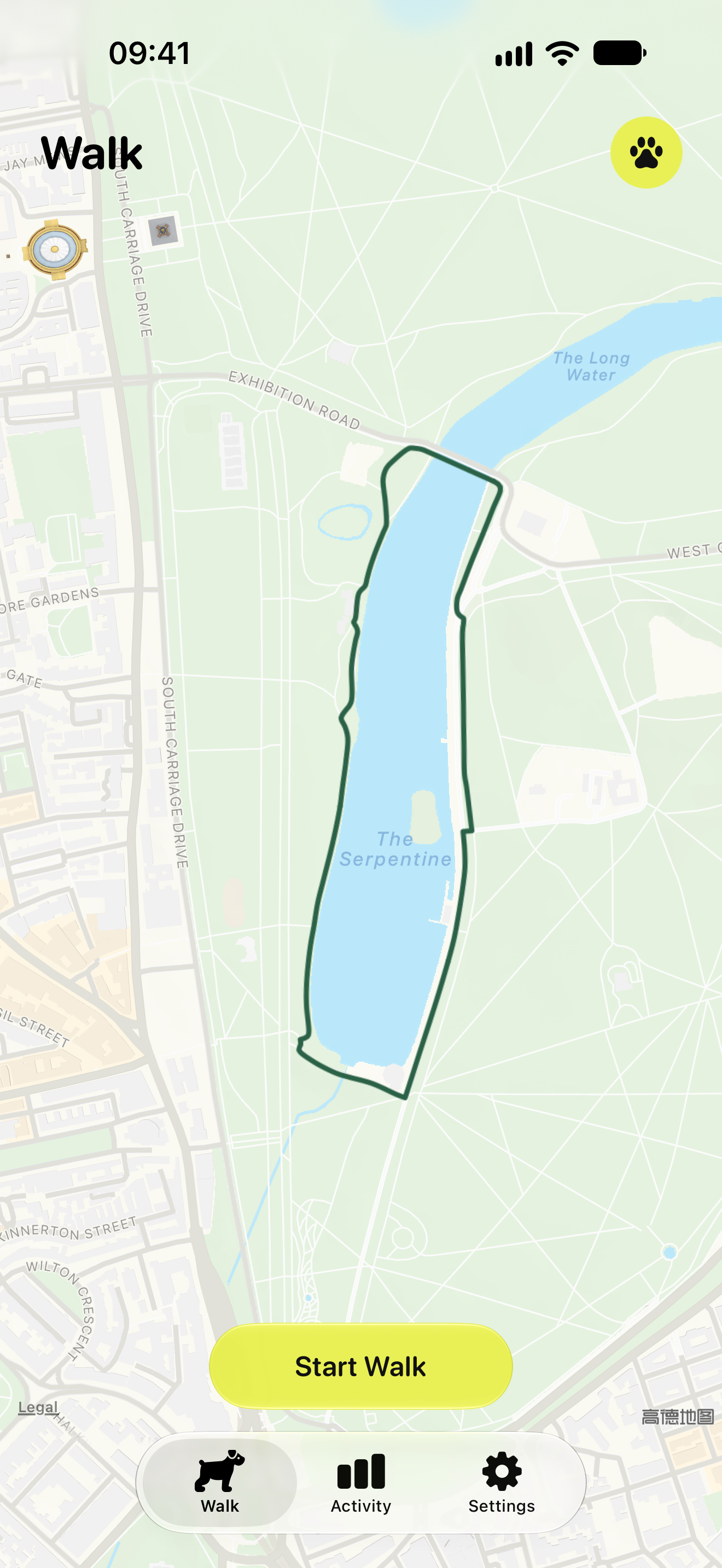 Wuffu Walk screen with a sample walking route around the Serpentine